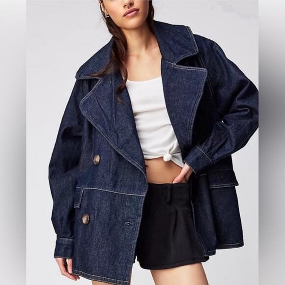 Free People New Small Denim Car Coat - Rinse Wash - Picture 1 of 5